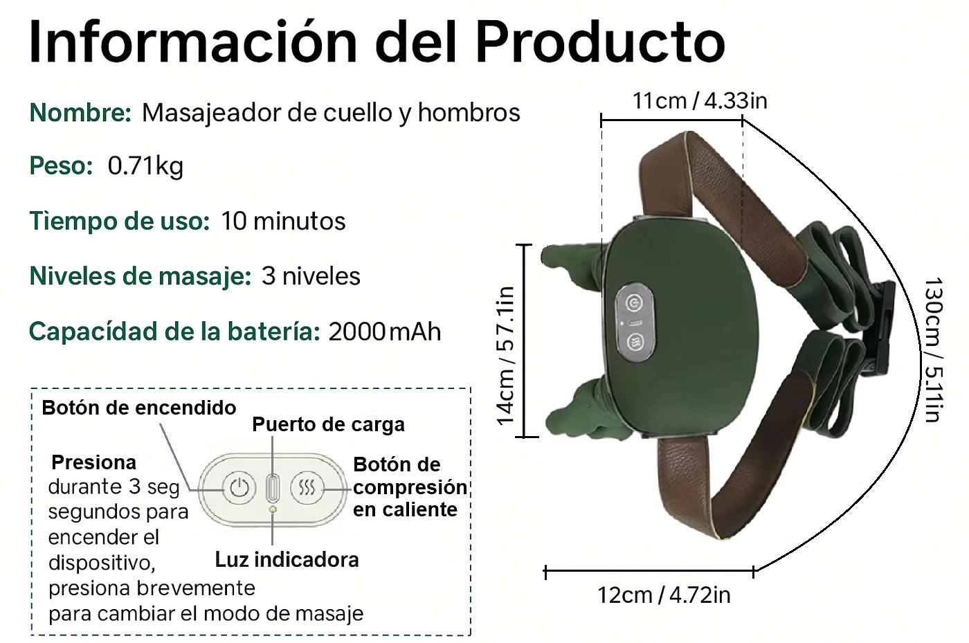 Masajeador portátil Shiatsu para cuello y hombros